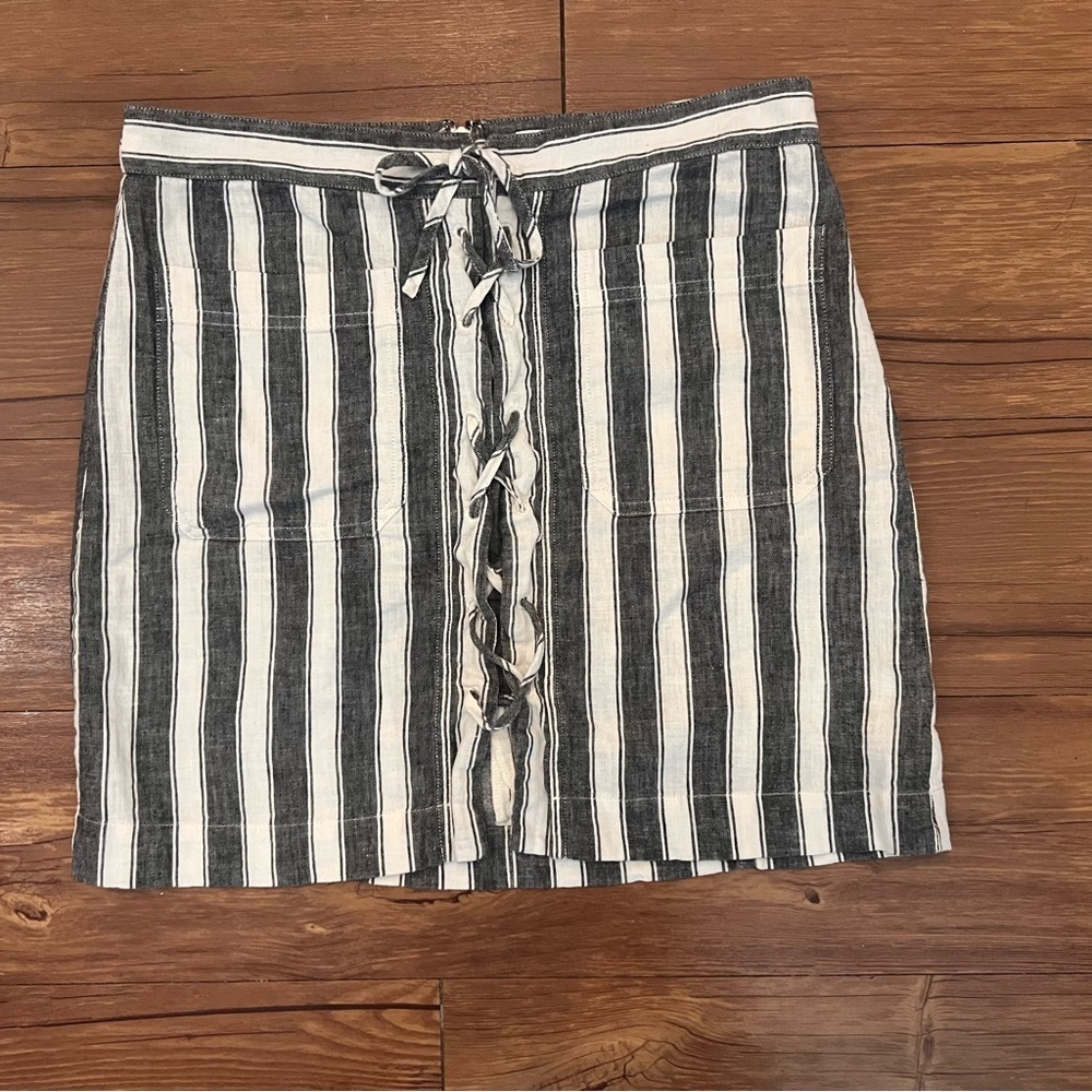 Madewell Lace Up Mini Skirt Size 4 Gray White Stripes Linen Cotton Blend